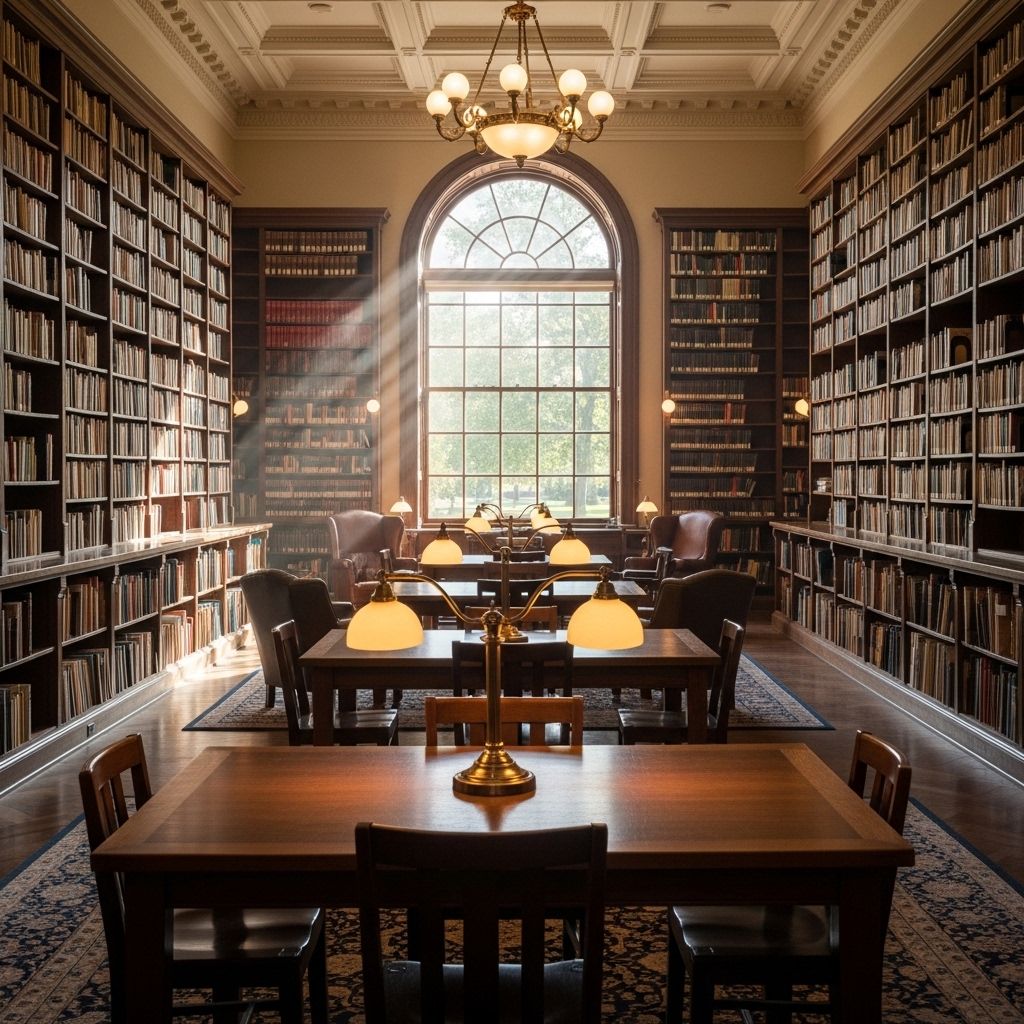 Interior of a calm, well-organized reference library with rows of shelves holding books and periodicals, warm reading lamps, and a large window letting in soft diffused daylight