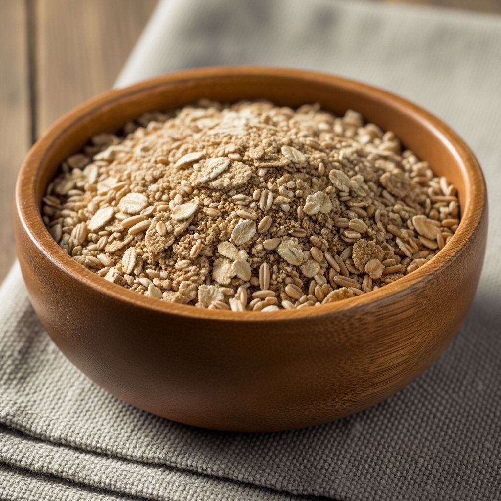 Rustic wooden bowl filled with a mix of whole grain oats, psyllium husks, and bran flakes on a textured linen cloth with natural window light