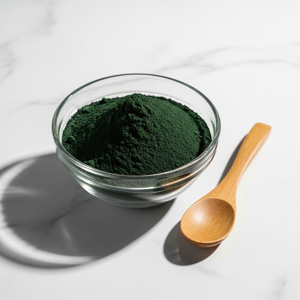 A glass bowl containing bright green spirulina powder and a wooden spoon resting beside it on a clean white marble surface, with dramatic overhead studio lighting creating strong texture and shadow