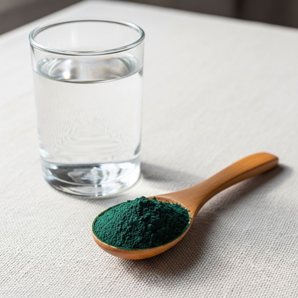 Small wooden spoon filled with deep blue-green spirulina powder resting beside a glass of water on a light linen surface in natural daylight